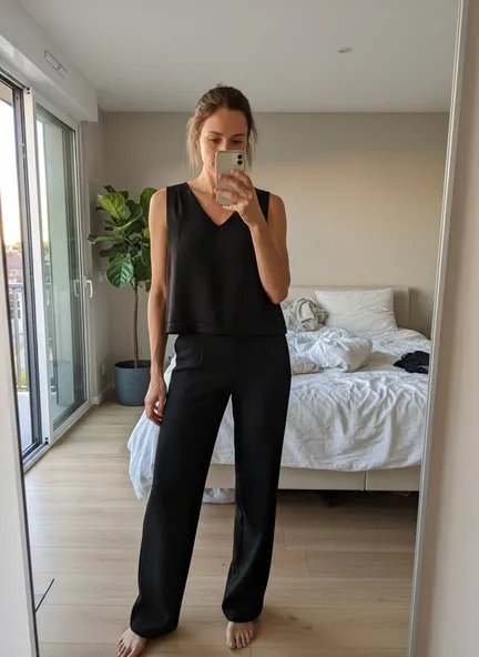 Combinaison noire portée par un modèle femme IA dans une chambre