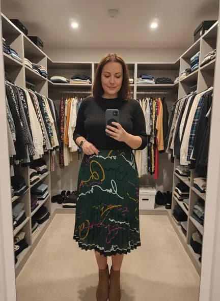 Photo de jupe satinée verte portée par mannequin femme IA dans un dressing