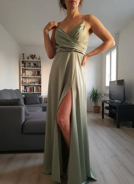 Belle photo vinted de robe de cérémonie verte portée par mannequin IA femme dans un cadre luxueux